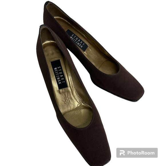 STUART WEITZMAN brown fabric/satin leather classic heel pumps shoe size 8.5 AA - Picture 10 of 13